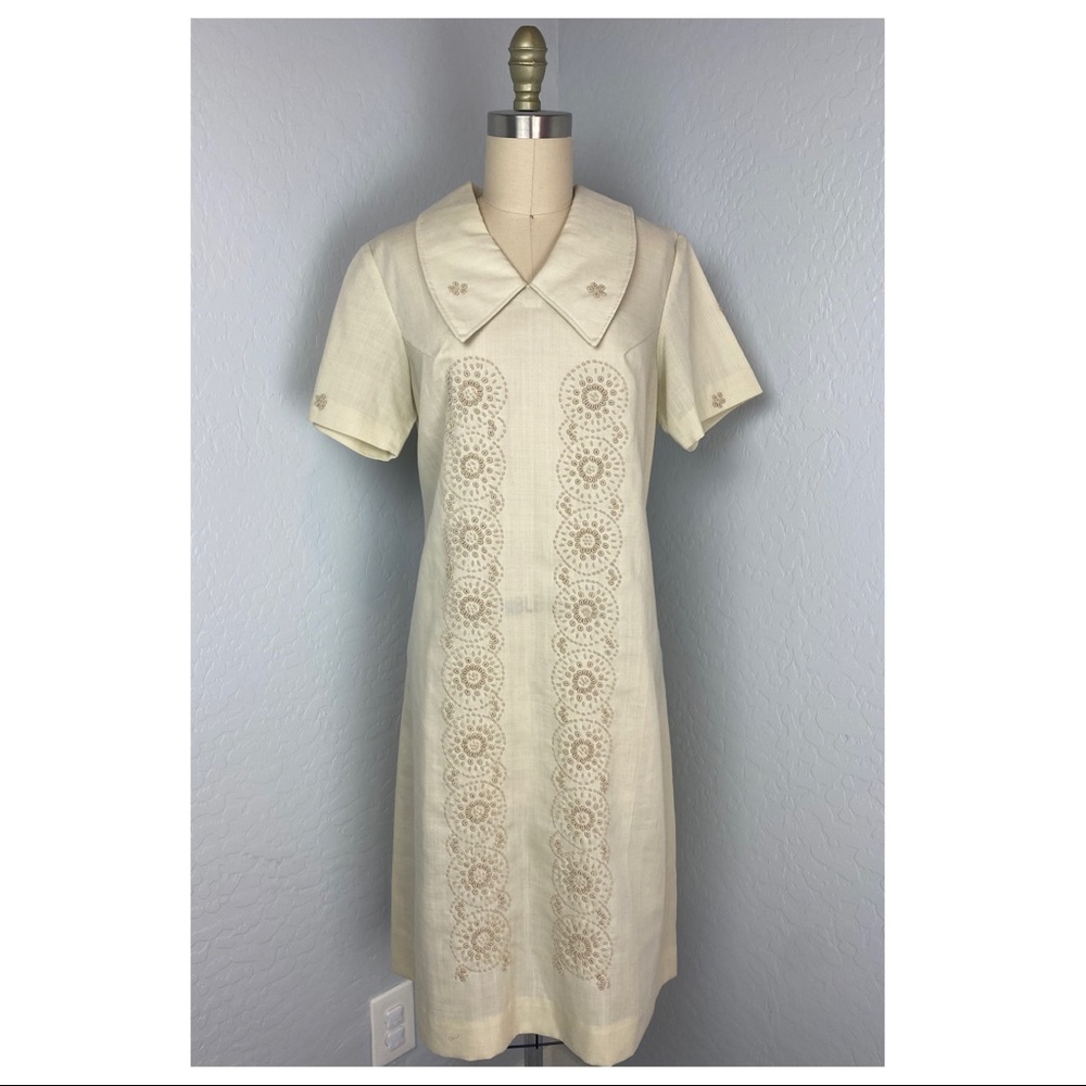 Vintage Beige Raised Embroidery Knotted Thread Detail Metal Zipper Dress